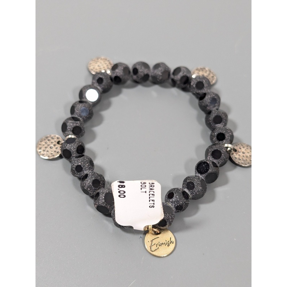 Erimish Black Faceted‎ Glass Stretch Bracelet Silver Tone Hammered Charm 6.5 in